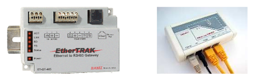 63. ábra Bal oldalon egy Ethernet-RS-485 hálózati átjáró, jobb oldalon pedig egy Ethernet-RS-485 konverter látható 63. ábra Bal oldalon egy Ethernet-RS-485 hálózati átjáró, jobb oldalon pedig egy Ethernet-RS-485 konverter látható